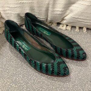 Etienne Aigner Green and Black Woven Leather Flats